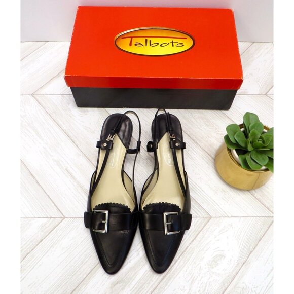 NEW! Talbots Leather Kitten Heel Pointed Toe Slingback Pumps Buckle Black SZ 8 - Picture 1 of 5